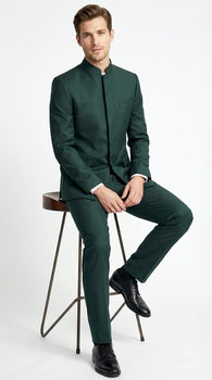 Men’s Olive Green Tuxedo Mandarin Collar Suit – Modern Nehru Style Formal Suit for Wedding Banded Collar