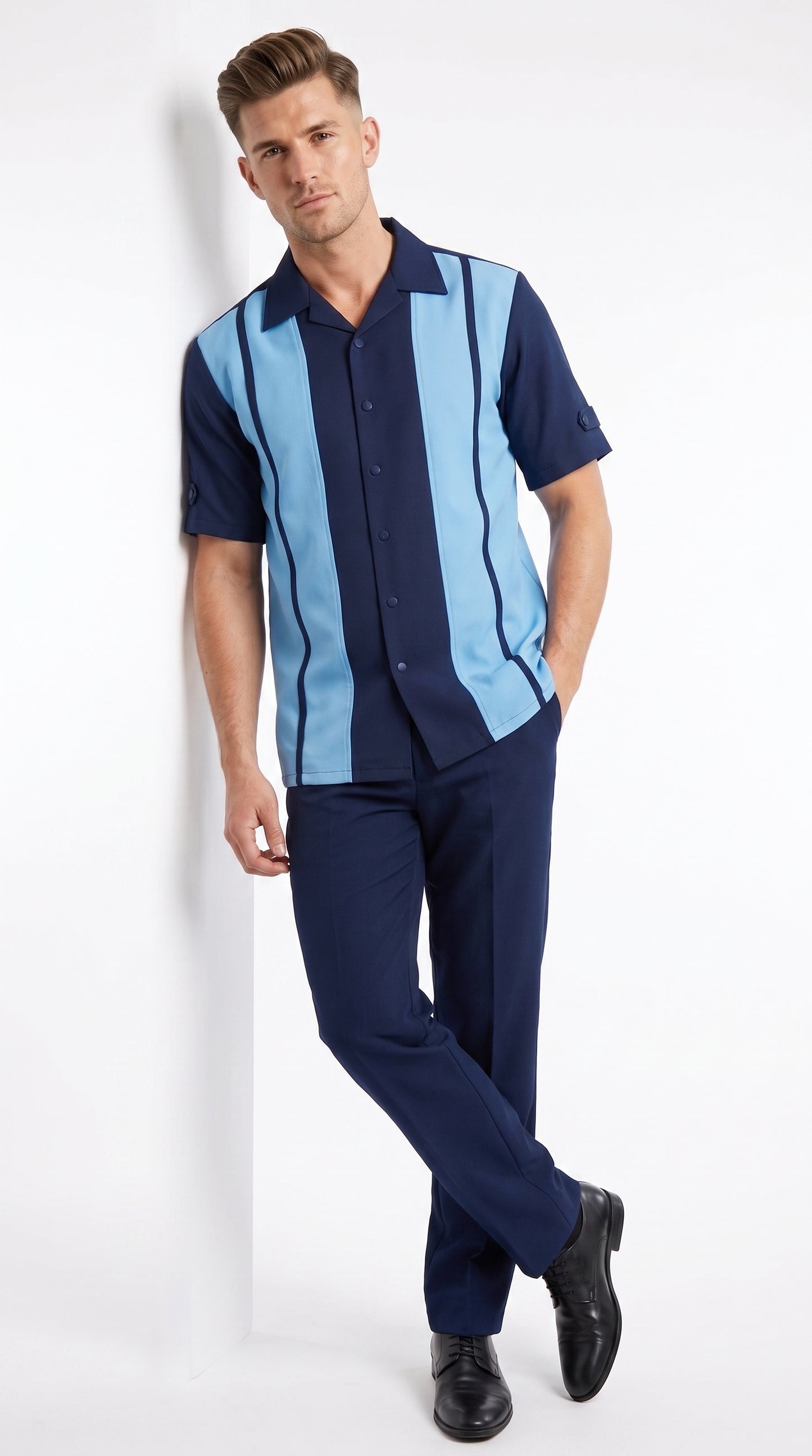 Men’s Navy and Sky Blue Walking Suit – 2-Piece Short Sleeve Casual Leisure Outfit