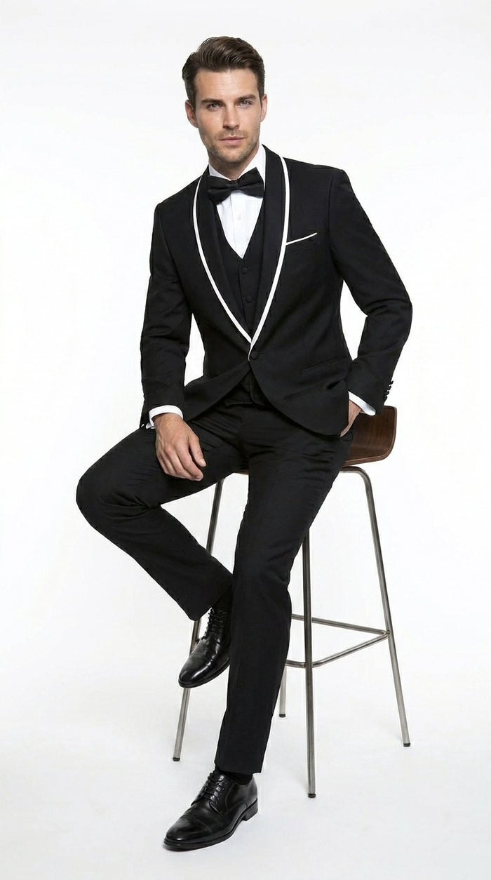 Men’s Black 1 Button Blazer with Shawl Lapel and White Trim, Formal Dinner Jacket Sport Coat