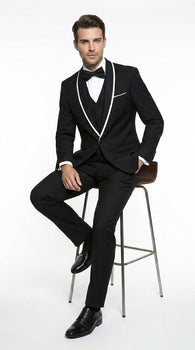 Men’s Black 1 Button Blazer with Shawl Lapel and White Trim, Formal Dinner Jacket Sport Coat