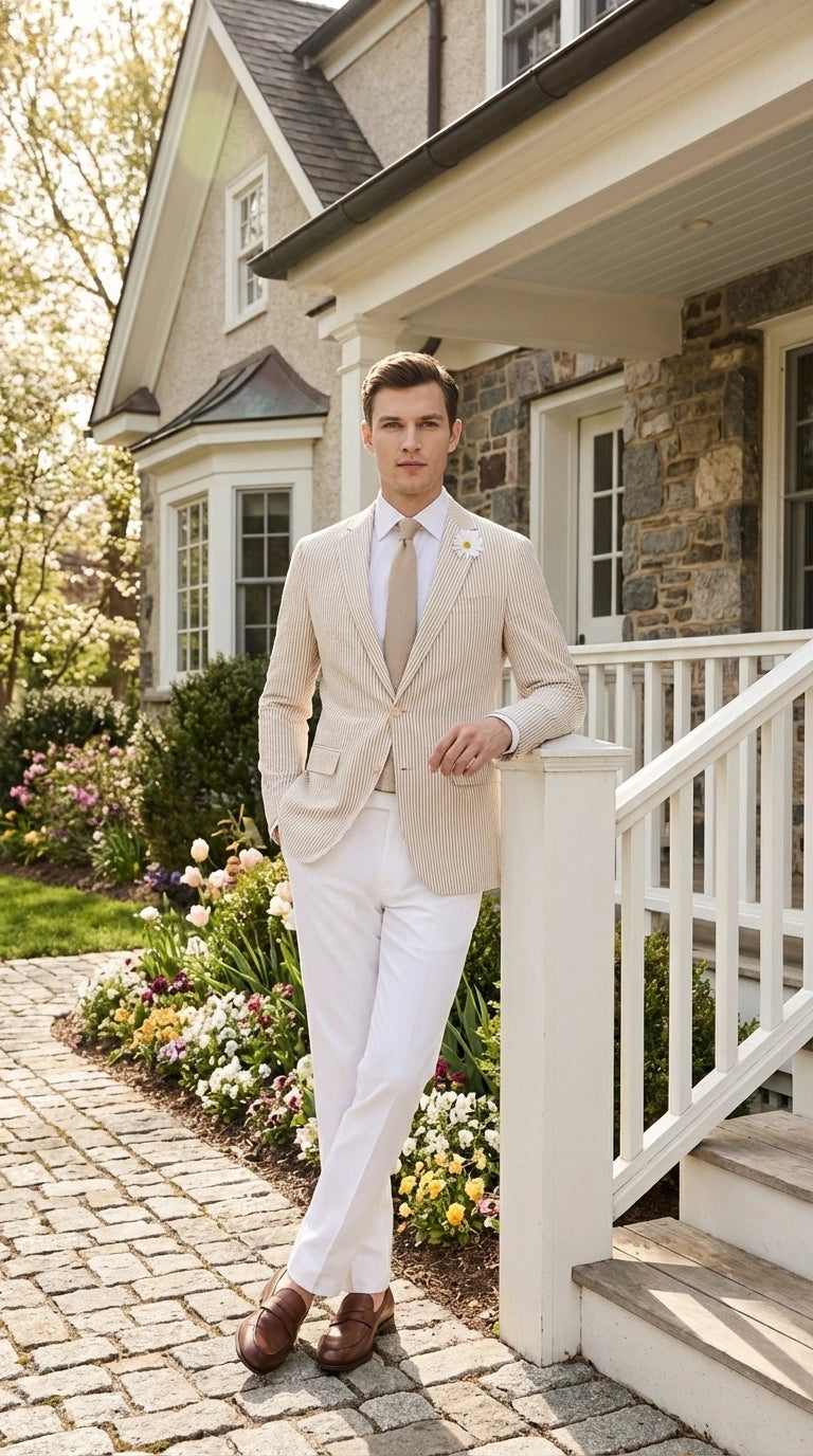 Mens Beige Seersucker Blazer – Lightweight Striped Summer Sport Coat Casual Smart Formal Blazer