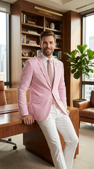Mens Pink Seersucker Blazer – Lightweight Striped Summer Sport Coat Casual Smart Formal Jacket
