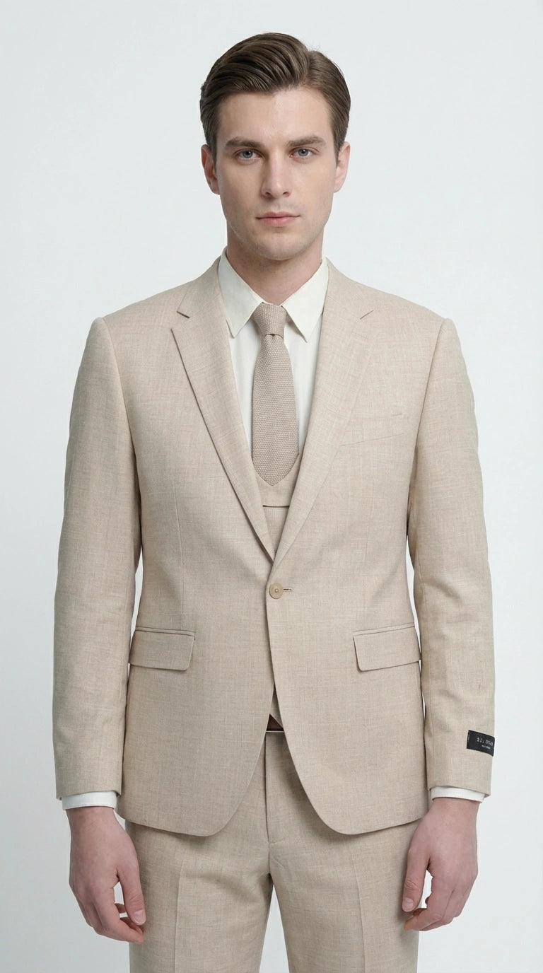 Mens Sand Beige 3 Piece Suit – Double breasted Vest Formal Suit Set  and Dress Pants in Champaign Natural Summer Color Modern Fit