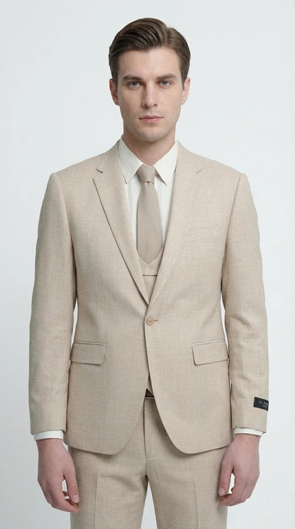 Mens Sand Beige 3 Piece Suit – Double breasted Vest Formal Suit Set  and Dress Pants in Champaign Natural Summer Color Modern Fit