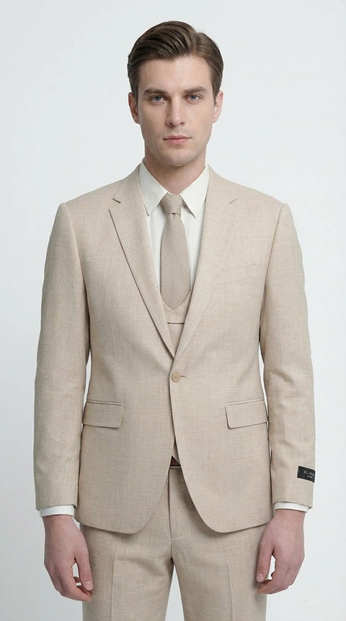 Mens Sand Beige 3 Piece Suit – Double breasted Vest Formal Suit Set  and Dress Pants in Champaign Natural Summer Color Modern Fit