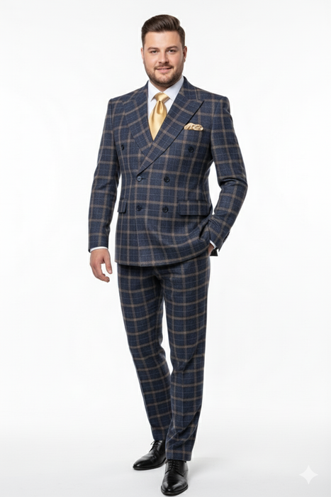 Men’s Navy and Tan Windowpane Double-Breasted Suit | Classic 2-Piece Plaid Dress Suit, Business, and Formal Events By Rossiman