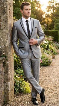 Men’s Silver Sharkskin Tuxedo Suit with Black Piping – Shiny Two Button Formal Suit for Wedding, Prom and Party Wear