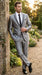 Men’s Silver Sharkskin Tuxedo Suit with Black Piping – Shiny Two Button Formal Suit for Wedding, Prom and Party Wear