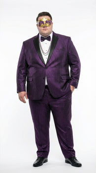 Mens Purple Shimmer Mardi Gras Suit with Black Satin Lapel – Shiny Metallic Formal Party and Carnival Suit Sequin Look
