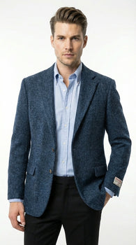 Mens Light Blue Tweed Blazer Sport Coat – Classic Herringbone Jacket Formal Business Casual Smart Outerwear in indigo cobalt blue