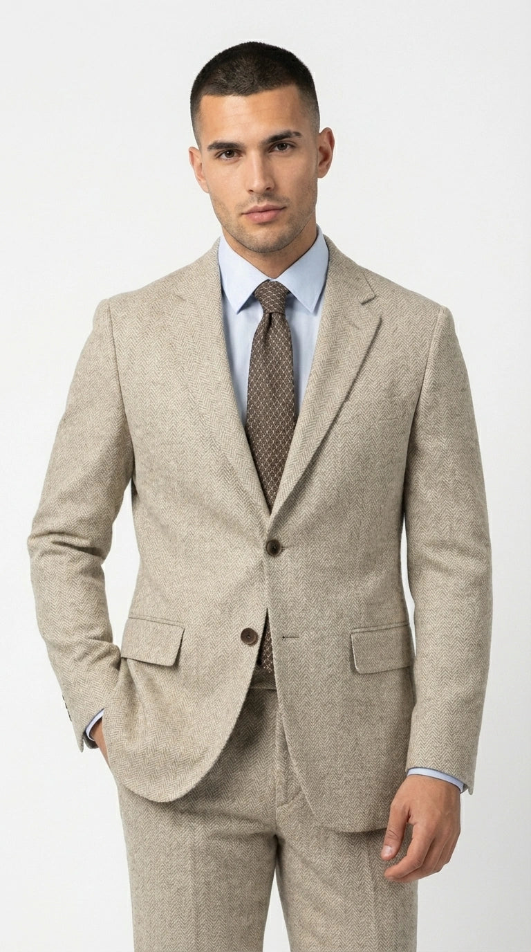 Men’s Light Tan Tweed Suit – Classic Beige Two Piece Suit, Herringbone Formal Wear, Vintage Style Business & Wedding Outfit for Men