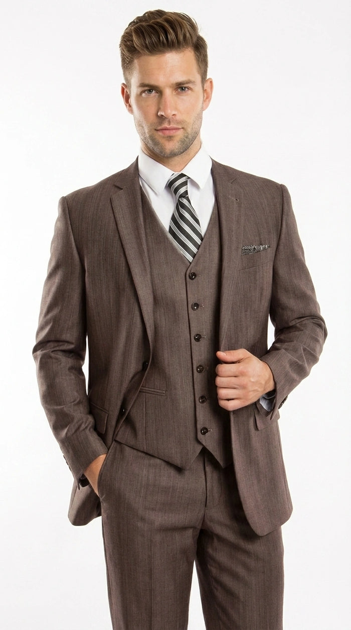 Men’s Brown Sharkskin 3 Piece Suit – Textured Two Button Vested Business Formal Suit for Wedding, Party Wear Vested Modern Fit