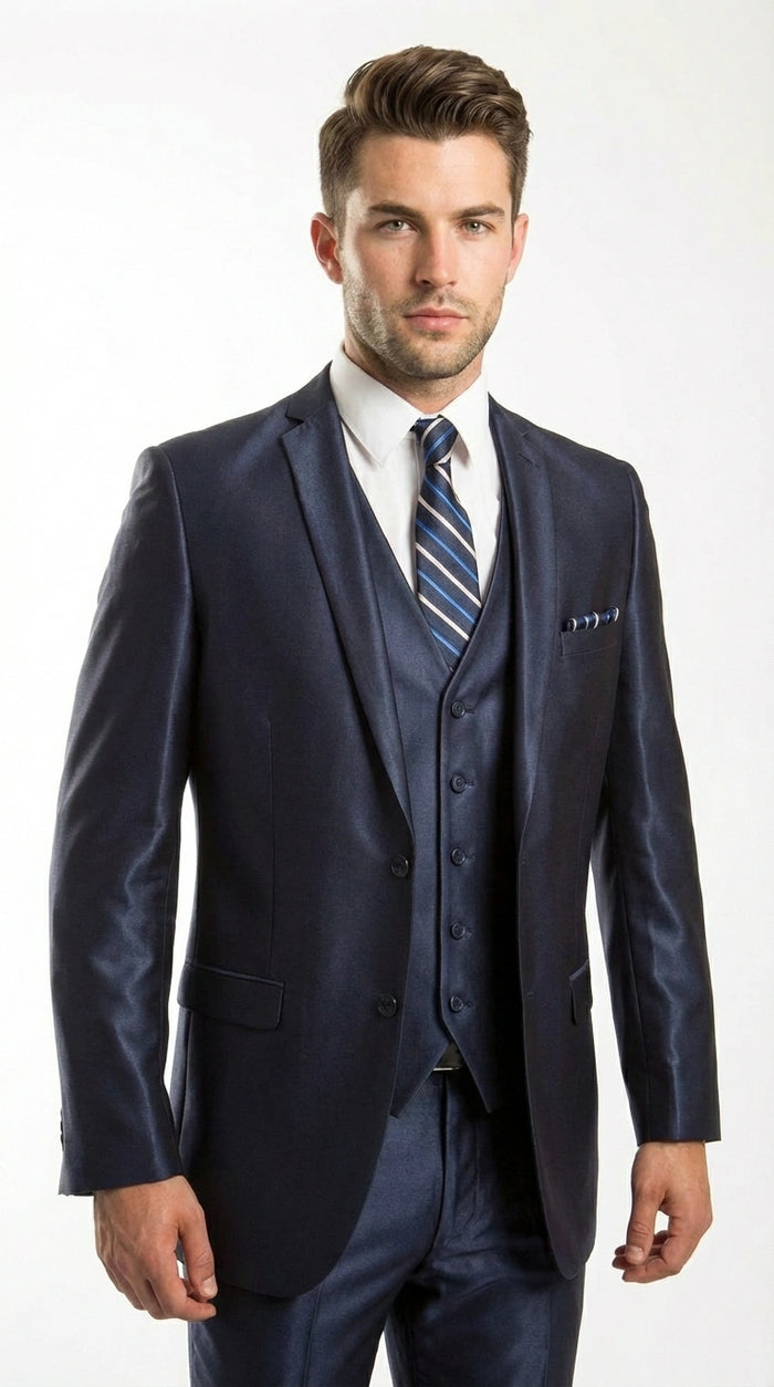 Men’s Navy Blue Sharkskin 3 Piece Suit – Two Button Vested Shiny Formal Suit for Wedding, Prom, Business and Party Wear Modern Fit