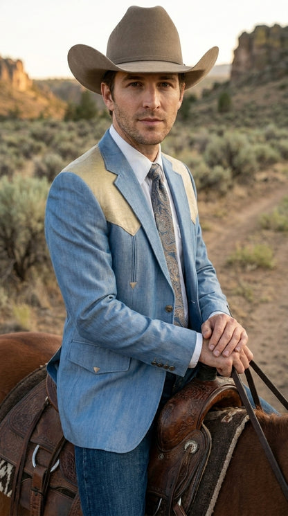 Men’s Steel - Light Blue and Bone Color Western Cowboy Blazer – Shiny Country Style Dress Jacket for Rodeo Saco De Hombre Vaquero