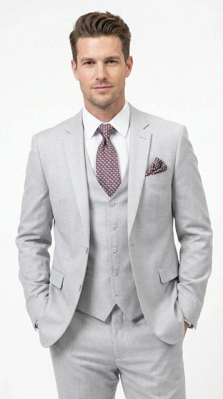 Men’s Light Grey Sharkskin 3 Piece Suit – Two Button Vested Modern Formal Business Suit for Wedding in silver Ice Gray Modern Fit
