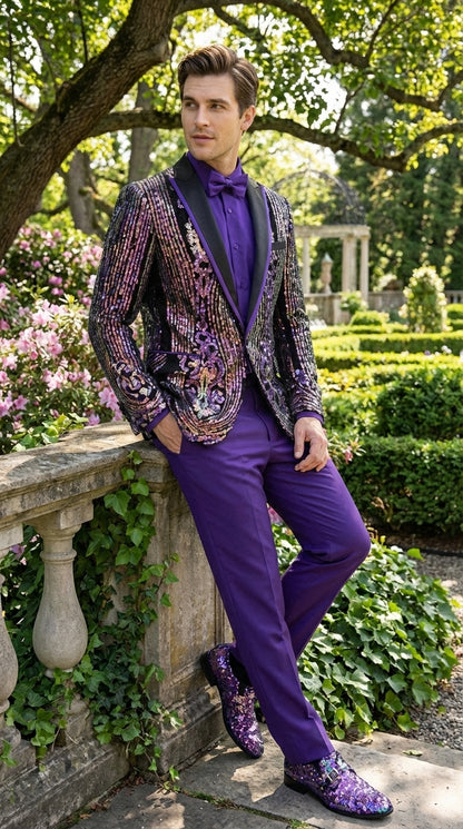 Mens Mardi Gra Black and Purple and Gold Sequin Tuxedo Jacket Set – Designer with Floral Pattern Jacket Formal Wedding Party Wear Bowtie