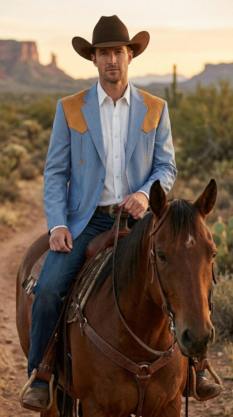 Men’s Sky Blue and Gold Western Cowboy Blazer – Classic Country Style Jacket, Retro in Steel Blue Color