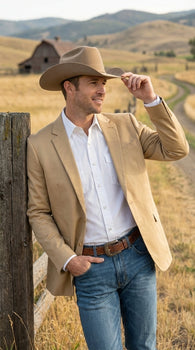 Men’s Tan Camel British Khaki Western Blazer – Two Button Classic Casual Sport Coat - Ranch Country Coat