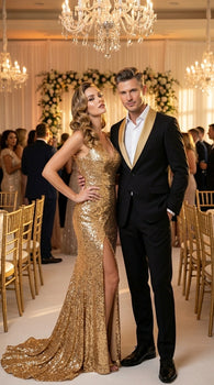 Men’s Black Suit with Gold Lapel – Luxury Formal Tuxedo Style Suit for Wedding, Prom, Party and Evening Wear
