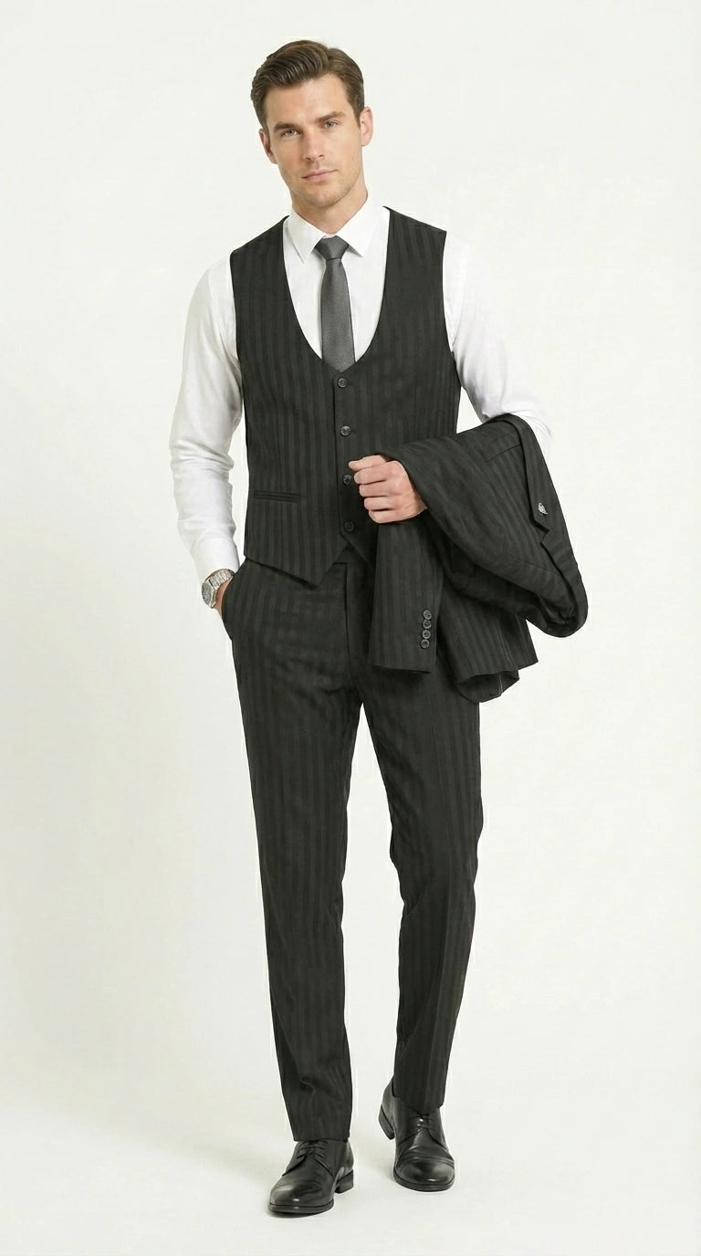 Men’s Black Pinstripe 3 Piece Suit – Vested Formal Business Suit for Wedding, Office, Prom and Party Wear Modern Fit
