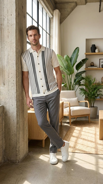 Mens White and Charcoal Gray Stripe Walking Suit Plus Matching Pants – Short Sleeve Button Shirt and Pants Casual Summer Outfit for Travel, Vacation and Everyday Wear