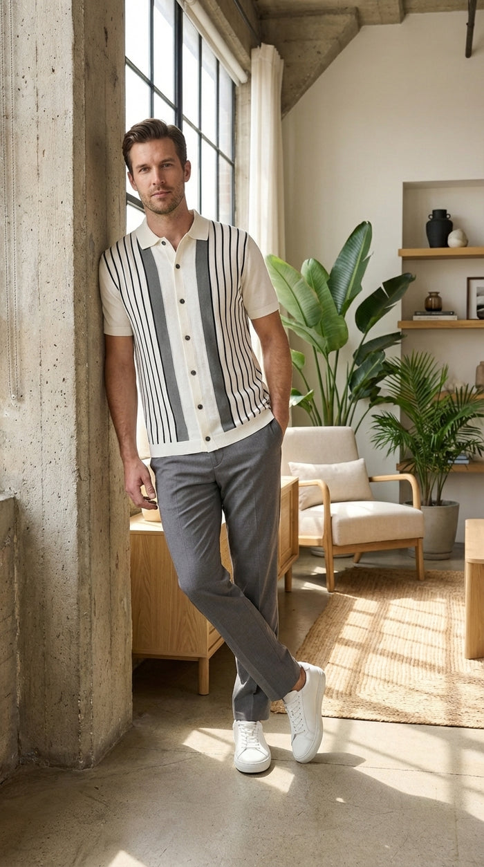 Mens White and Charcoal Gray Stripe Walking Suit Plus Matching Pants – Short Sleeve Button Shirt and Pants Casual Summer Outfit for Travel, Vacation and Everyday Wear
