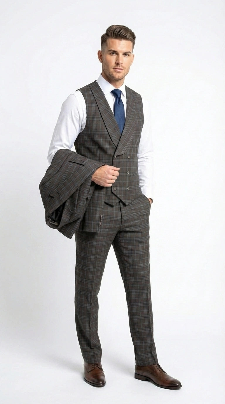 Vitali Men’s Brown Grey with blue Check 3 Piece Suit – Classic Plaid Formal Suit Set with Blazer, Vest & Trousers, Business Wedding Party Wear for Men Modern Fit