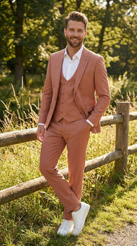 Men’s Peach Light Brown 3 Piece Suit – Wedding & Prom Formal Suit Set, Blazer Pants Double breasted vest