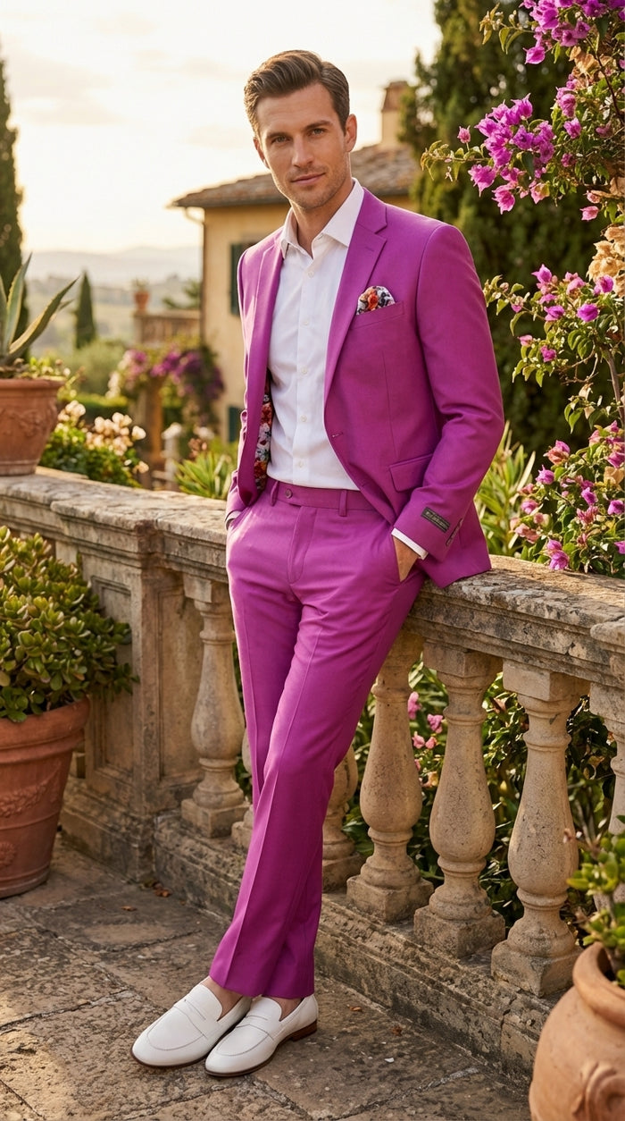 Mens Fuchsia 2 Piece Suit – Bright Pink Formal Suit for Men Stylish Wedding Party Prom Suit Magento Color Modern Fit