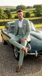 Mint Green Plaid Three Piece Suit for Men | Classic Checkered Formal Suit with Jacket Vest and Pants By Rossiman