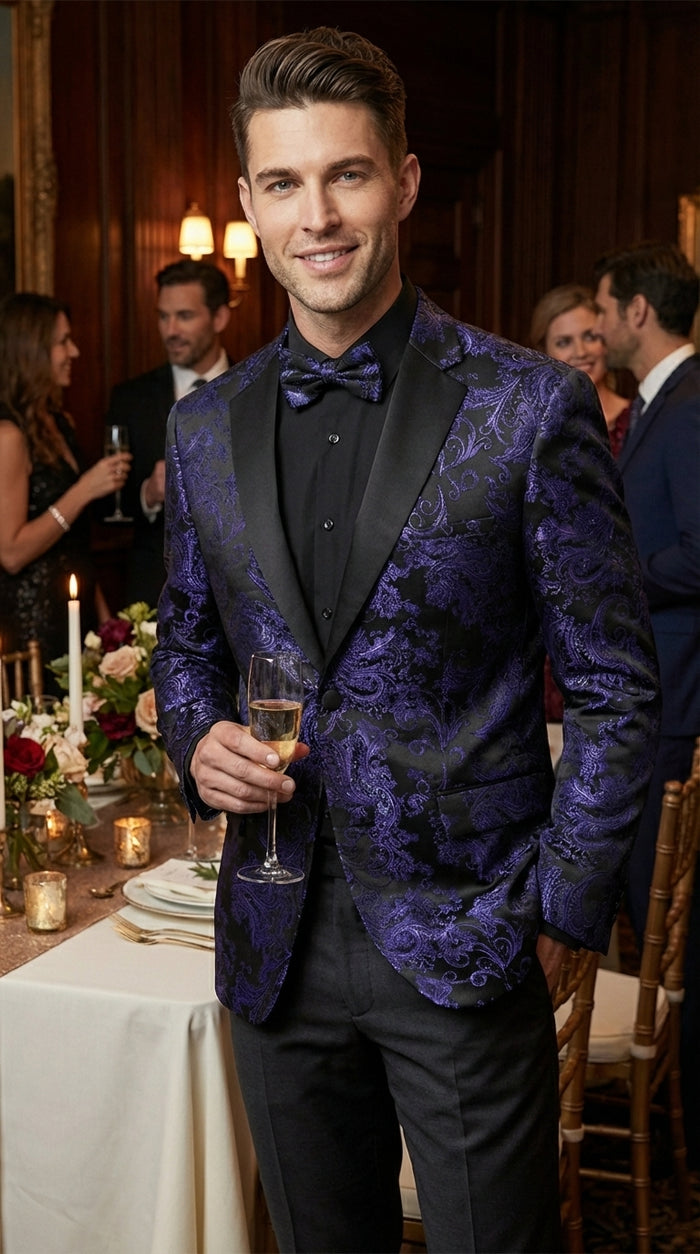 Mens Blue Paisley Jacquard Blazer – Luxury Pattern Tuxedo Dinner Jacket with Black Satin Lapel for Wedding, Prom With Bowtie