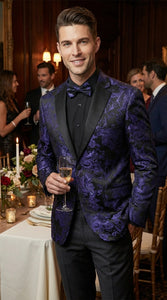 Mens Blue Paisley Jacquard Blazer – Luxury Pattern Tuxedo Dinner Jacket with Black Satin Lapel for Wedding, Prom With Bowtie