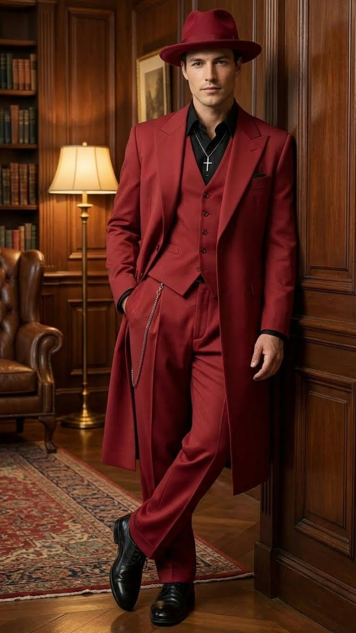 Men’s 1920s Burgundy Zoot Suit – Long Mafia Gangster Three-Piece Vintage Outfit Zuit Pachuco Style