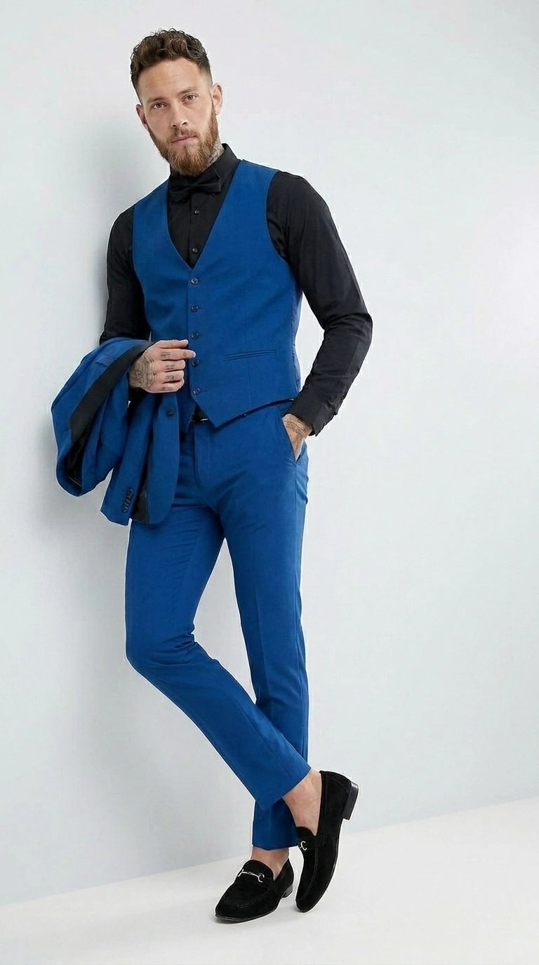 Men’s Royal Blue 3 Piece Suit with Black Lapel – Modern Formal Suit for Wedding, Prom and Party Wear Modern Fit