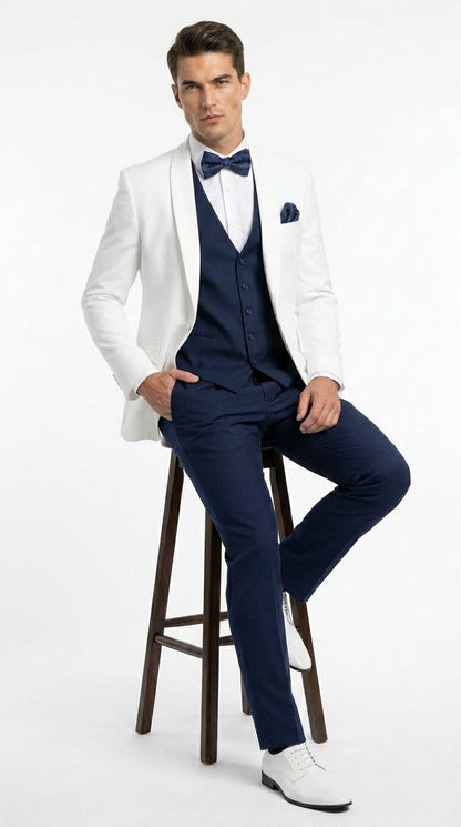 Men’s White and Navy blue tuxedo  3 Piece Suit – Classic White Blazer with Navy Vest and Pants for Wedding, Party + Bowtie