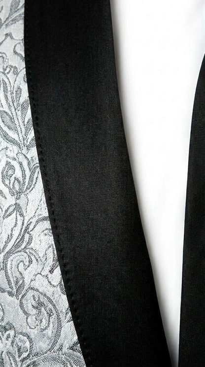 Men’s Silver and Black Floral Blazer – Elegant Formal Tuxedo Style Blazer Jacket for Wedding, Party, Prom and Evening Wear