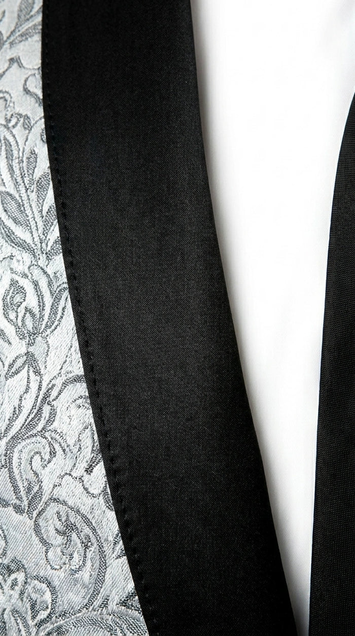 Men’s Silver and Black Floral Blazer – Elegant Formal Tuxedo Style Blazer Jacket for Wedding, Party, Prom and Evening Wear