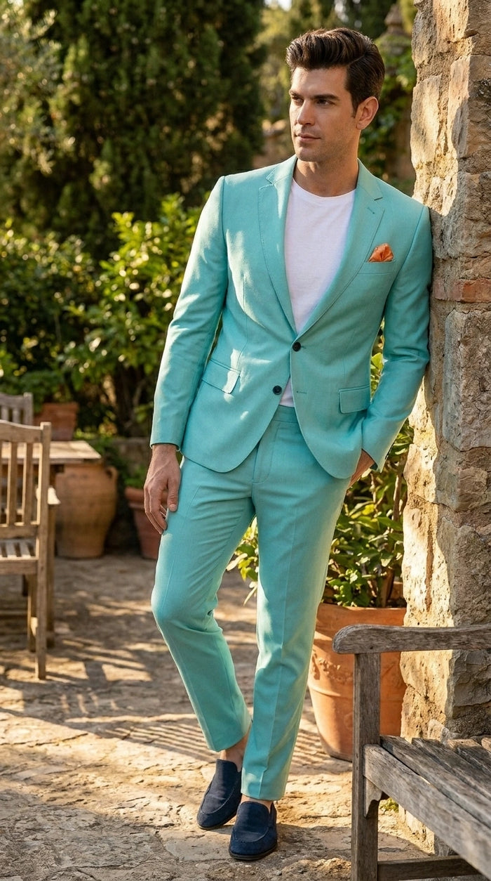 Men’s Turquoise 2 Piece Suit with Jacket and Pants, Formal Wedding Suit for Prom, Parties, Summer Events, and Special Occasions Modern Fit