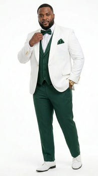 Men’s White and Hunter Green 3 Piece Suit – Elegant Formal Suit with Vest, Wedding Tuxedo Suit for Prom and Party Wear