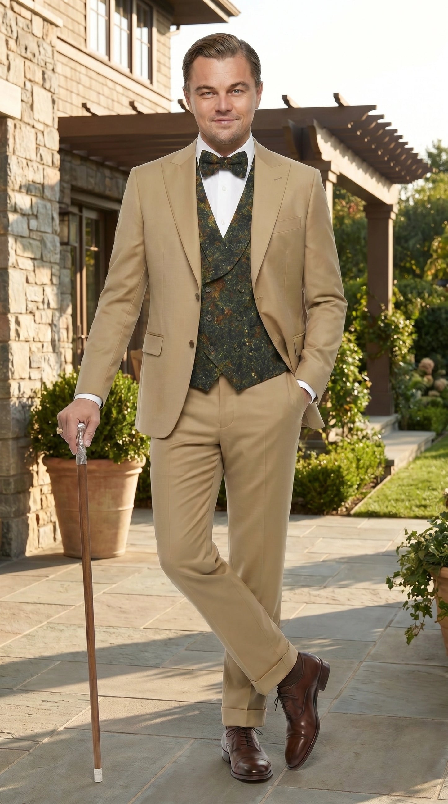 Men’s Khaki 3 Piece Suit with Patterned Vest, Great Gatsby Inspired Formal Suit for Weddings, Mardi Gra in Tan Camel Color Modern Fit