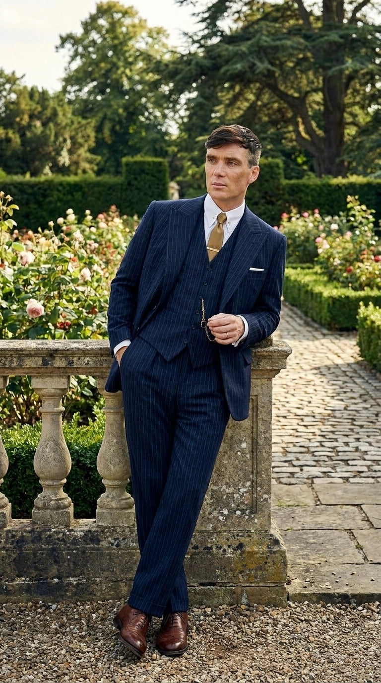 Men’s Navy Blue Pinstripe 3 Piece Suit, Thomas Shelby Inspired Vintage Formal Suit for Weddings, Parties, Prom, and Special Events Modern Fit