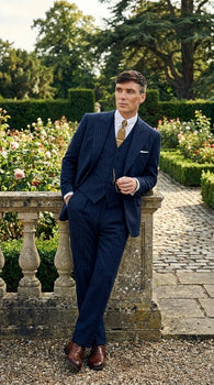 Men’s Navy Blue Pinstripe 3 Piece Suit, Thomas Shelby Inspired Vintage Formal Suit for Weddings, Parties, Prom, and Special Events