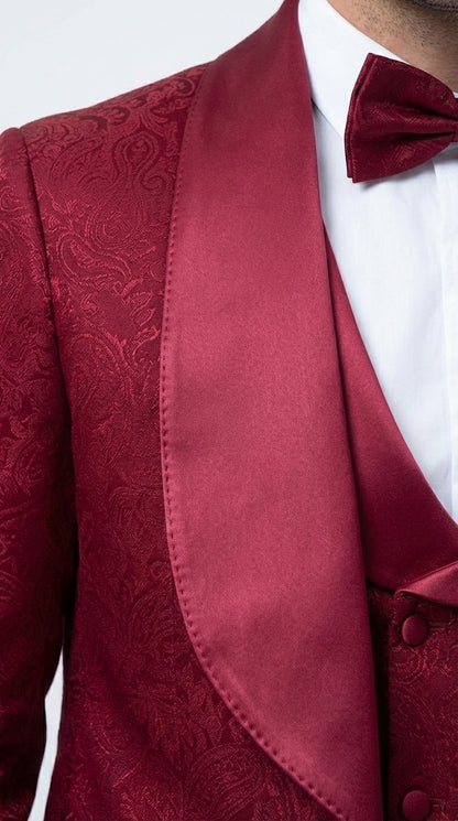 Mens Burgundy Wedding Tuxedo Suit – Paisley Three Piece Formal Suit Set with Shawl Lapel for Groom, Prom