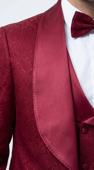 Mens Burgundy Wedding Tuxedo Suit – Paisley Three Piece Formal Suit Set with Shawl Lapel for Groom, Prom