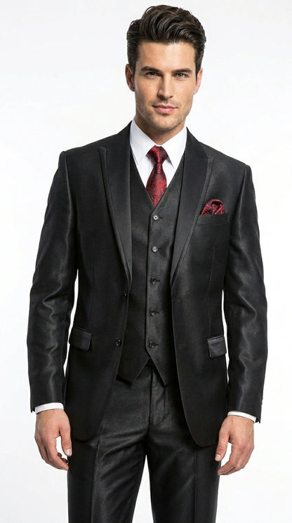 Men’s Black Shiny 3 Piece Tuxedo Groom Suit, Formal Vest Suit for Weddings, Prom, Black Tie Events, Black Lapel