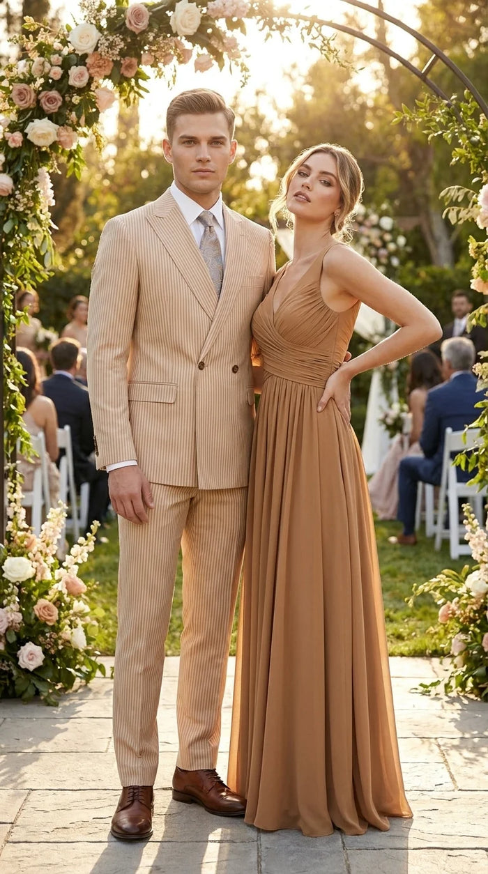 Vitali Men’s Tone on Tone Beige Pinstripe 2 Piece Suit, Double Breasted Summer Dress Suit for Weddings, Tan Beige Shadow Pinstripe Modern Fit