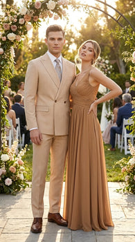 Vitali Men’s Tone on Tone Beige Pinstripe 2 Piece Suit, Double Breasted Summer Dress Suit for Weddings, Tan Beige Shadow Pinstripe