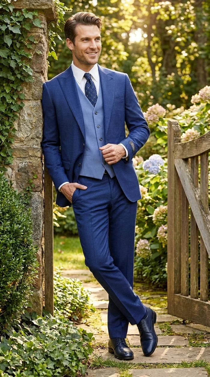 Vitali Men’s Navy Blue 3 Piece Suit with Light Blue Vest, Textured Formal Dress Suit for Weddings, Prom, Business Events, and Parties Modern Fit