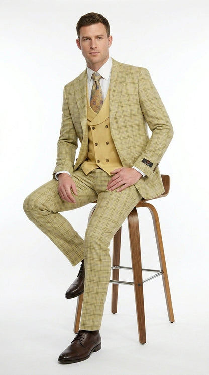 Vitali Men’s Sage Beige Tan Plaid 3 Piece Suit, Check Pattern Formal Dress Suit for Weddings, Prom, Business Events,Light Yellow Color Modern Fit