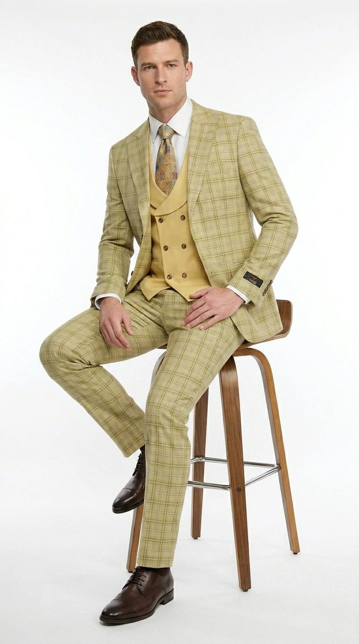 Vitali Men’s Sage Beige Tan Plaid 3 Piece Suit, Check Pattern Formal Dress Suit for Weddings, Prom, Business Events,Light Yellow Color Modern Fit